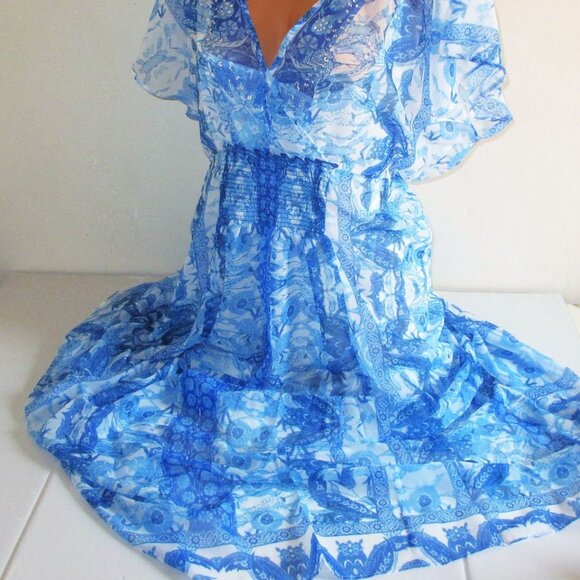 City Chic Maxi Mykonos Dress Size 16 Blue White Floral Chiffon Embellished $115 - Picture 2 of 12